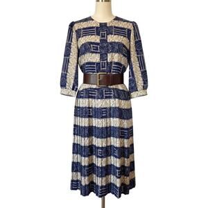 Vintage 80s Breli Originals Secretary Dress Navy Floral Geometric Midi Size 12